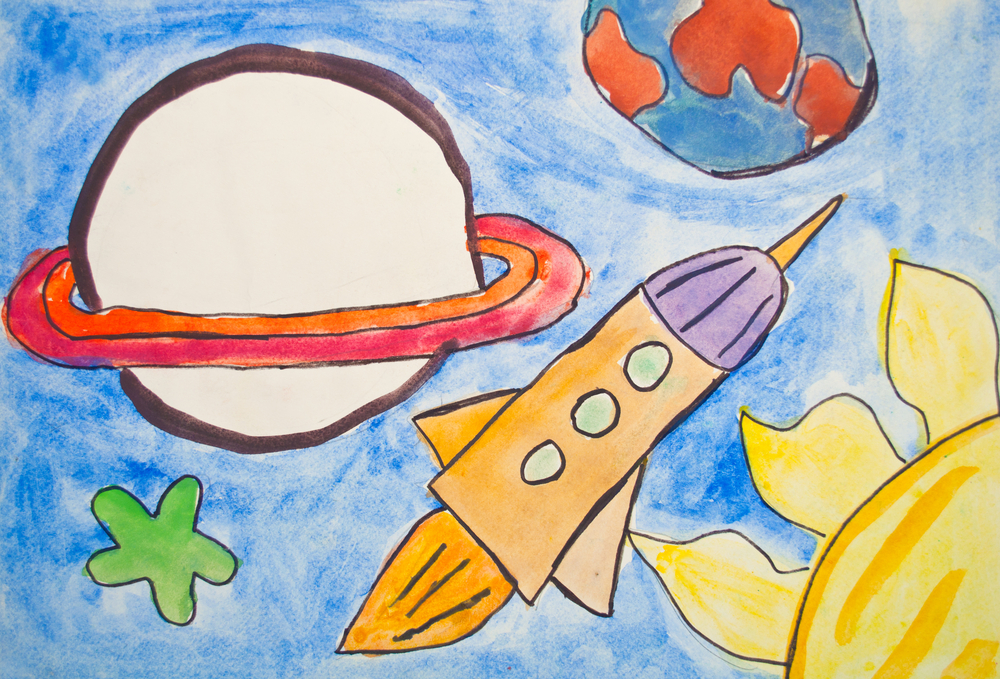 kid artwork painting of spaceship and planet ready for storage