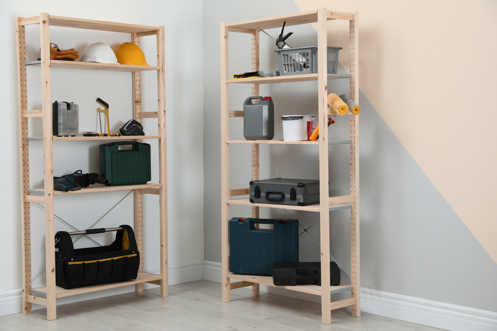 Shelving units with various items on it