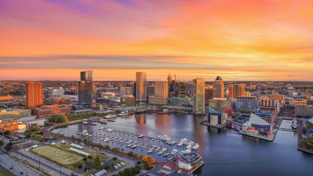 Aerial view of Baltimore during sunset