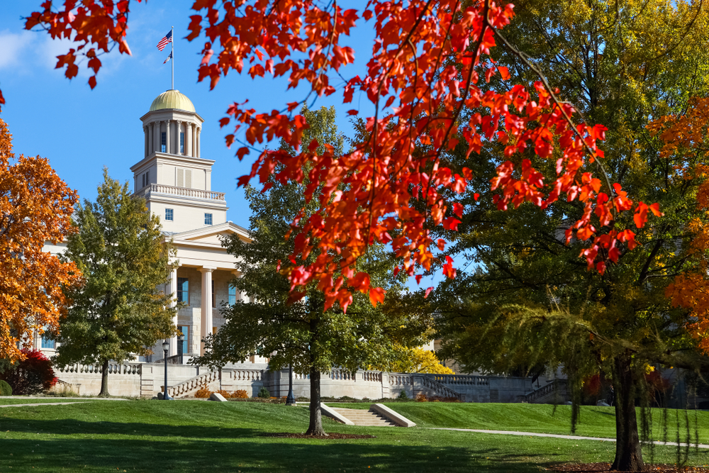 View of old capital building downtown Iowa City during fall