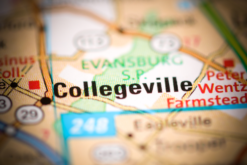 The word Collegeville printed on a map