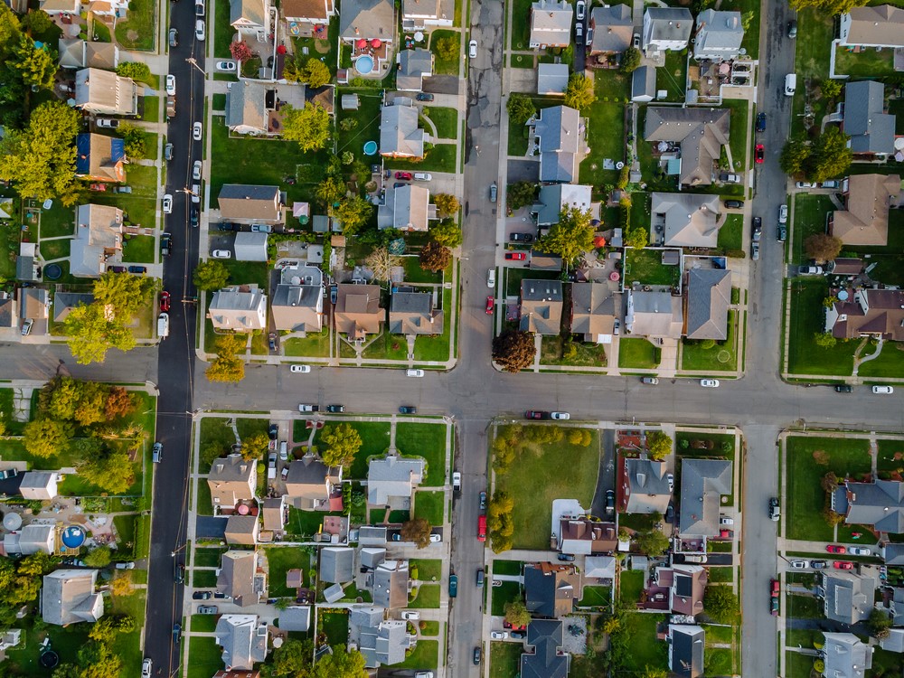 Top down aerial view of a neighborhood